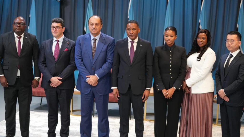 Signing Ceremony Botswana Secures Landmark Global Energy Partnership | Brimco A formal group photograph of seven high level officials and business leaders at the btv headquarters in gaborone The group includes president duma boko minister bogolo kenewendo and minister phenyo butale celebrating the signing of a major energy investment agreement between botswana and a turkishasian consortium