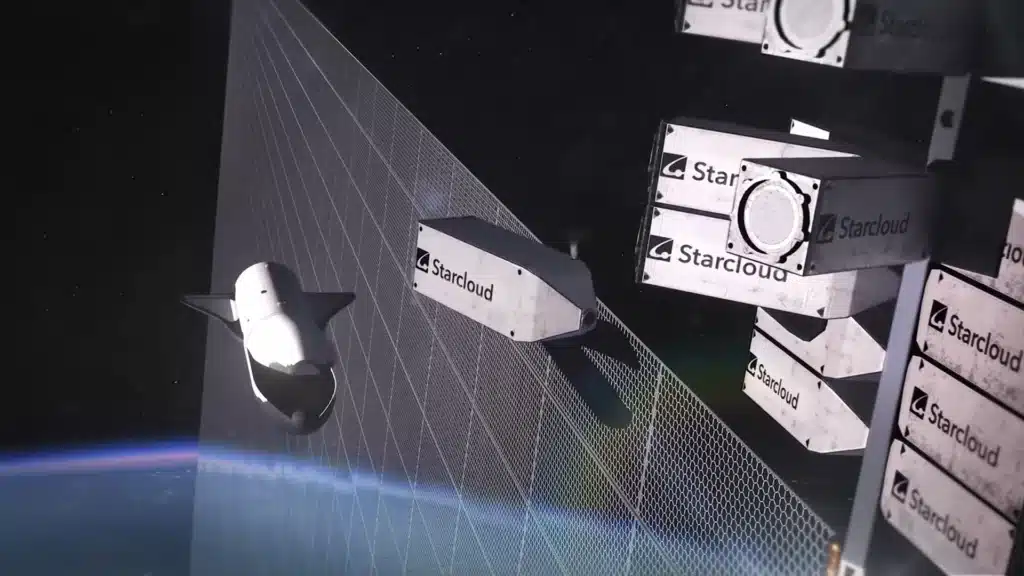 A spacecraft approaches a large orbital structure as multiple starcloud branded modules attach to form a space based data center above earth