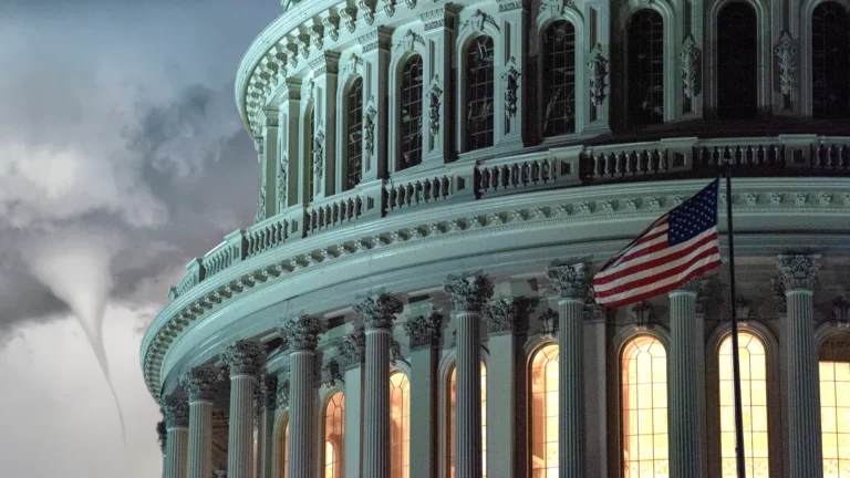 Storm Over the Capitol | Brimco The u S Capitol at night with glowing windows and a tornado forming in the background sky