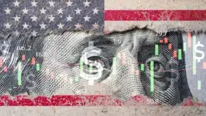 A torn american flag overlay reveals benjamin franklins eyes from a u S Dollar bill with stock market candlestick charts superimposed