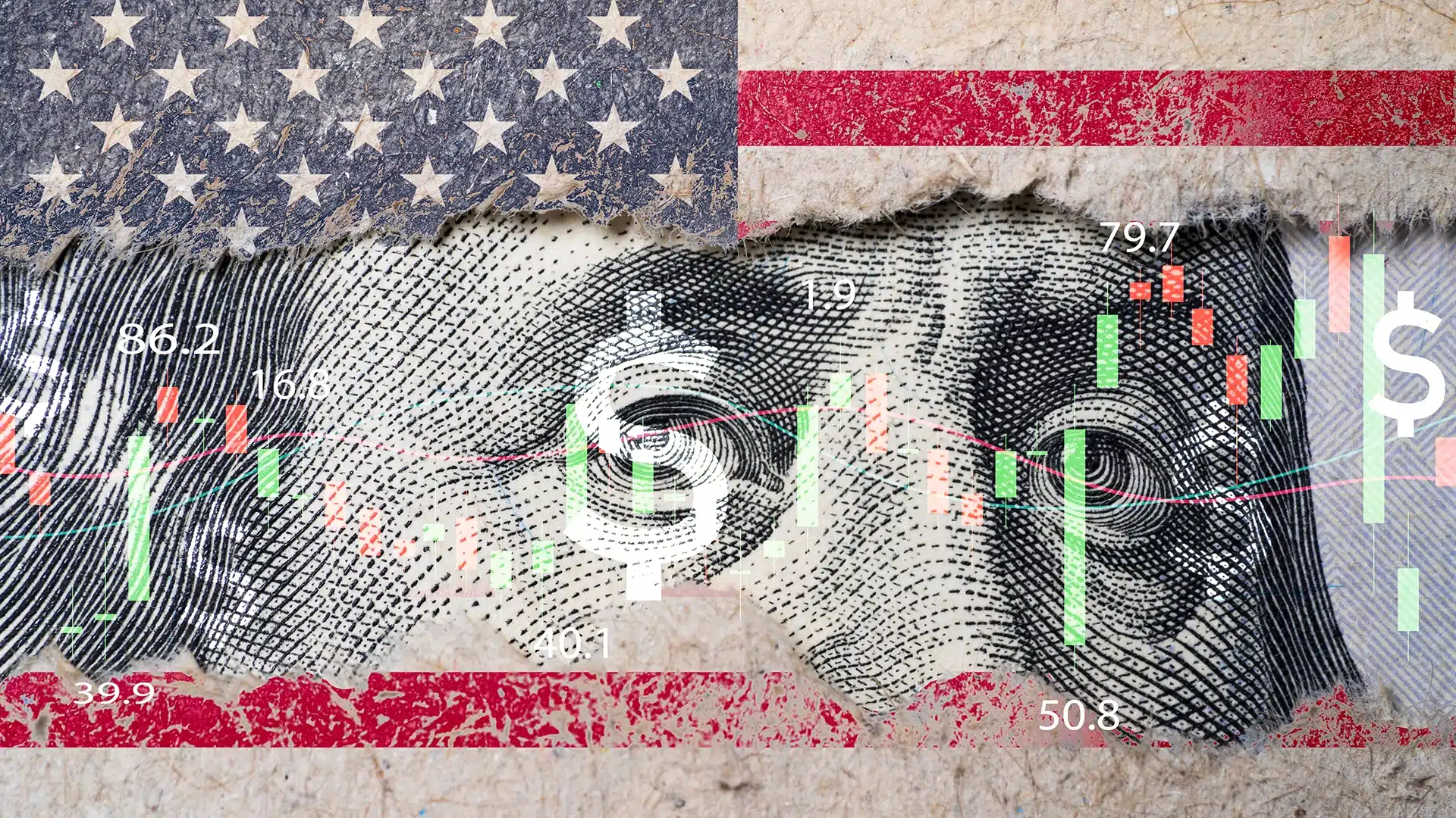 A torn american flag overlay reveals benjamin franklins eyes from a u S Dollar bill with stock market candlestick charts superimposed