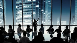 Business leader presenting to a board of executives in a modern high rise conference room overlooking a city skyline at night