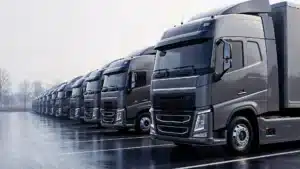 Row of modern heavy duty semi trucks parked in a lot on a foggy day
