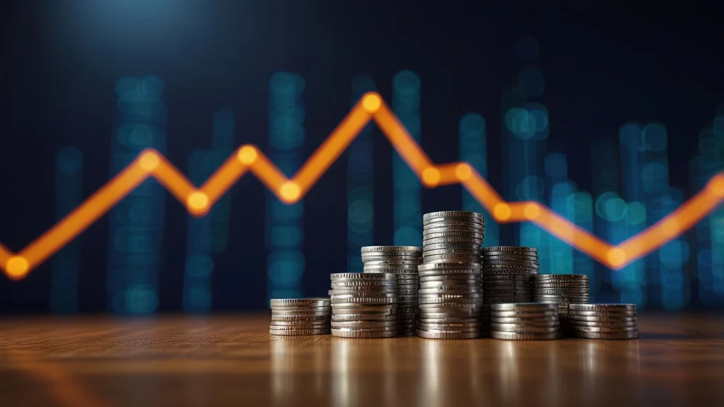 Stacks of coins on a table with a glowing orange line graph fluctuating against a dark financial data background.
