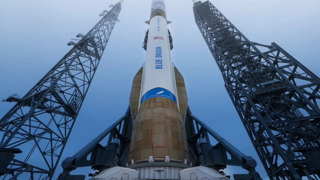 Blue Origins New Glenn Rocket on the Launch Pad | Brimco The blue origin new glenn rocket standing vertically on a launch pad between two support towers