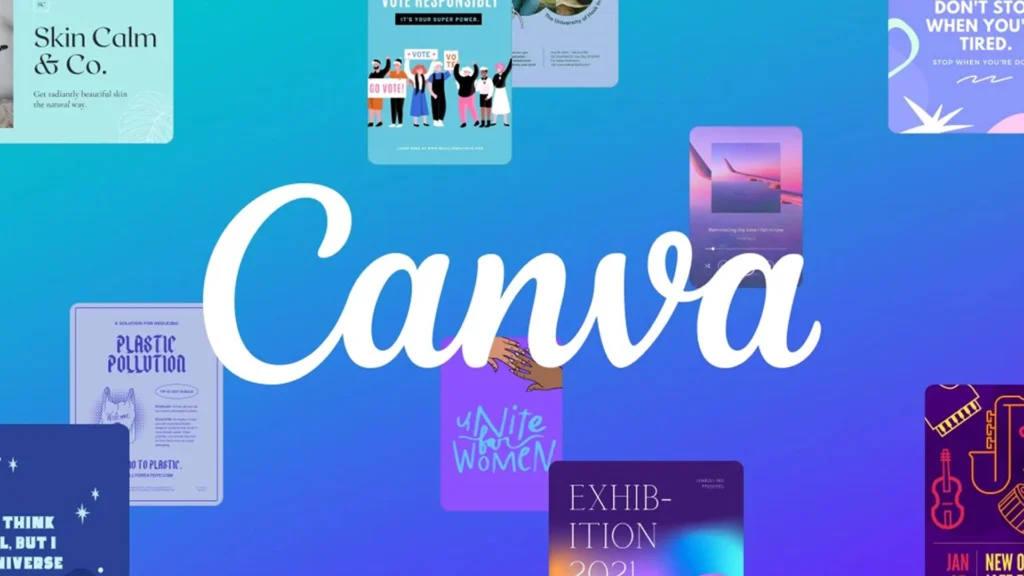 Canva Branding Display with Creative Design | Brimco The canva logo centered on a blue to purple gradient background surrounded by various design templates and graphics