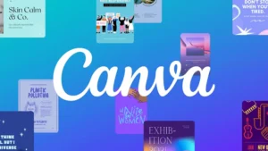 The canva logo centered on a blue to purple gradient background surrounded by various design templates and graphics