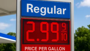 A digital gas station sign showing the price of regular gasoline at $2 99 per gallon