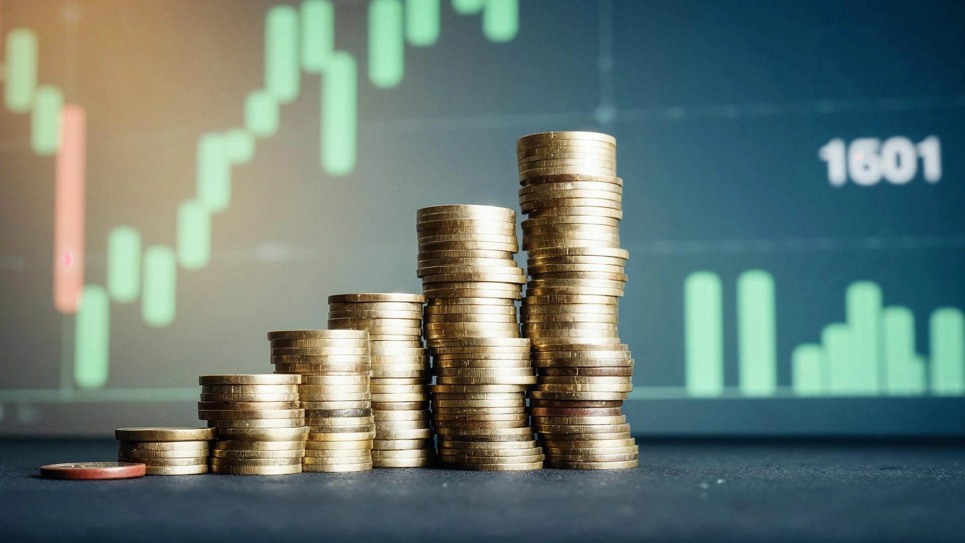 Investment Growth in a Rising Market | Brimco Stacks of gold coins increasing in height with a green upward stock chart displayed in the background