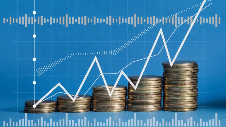 Stacks of coins increasing in height with an upward-trending white line graph and financial data overlay on a blue background.