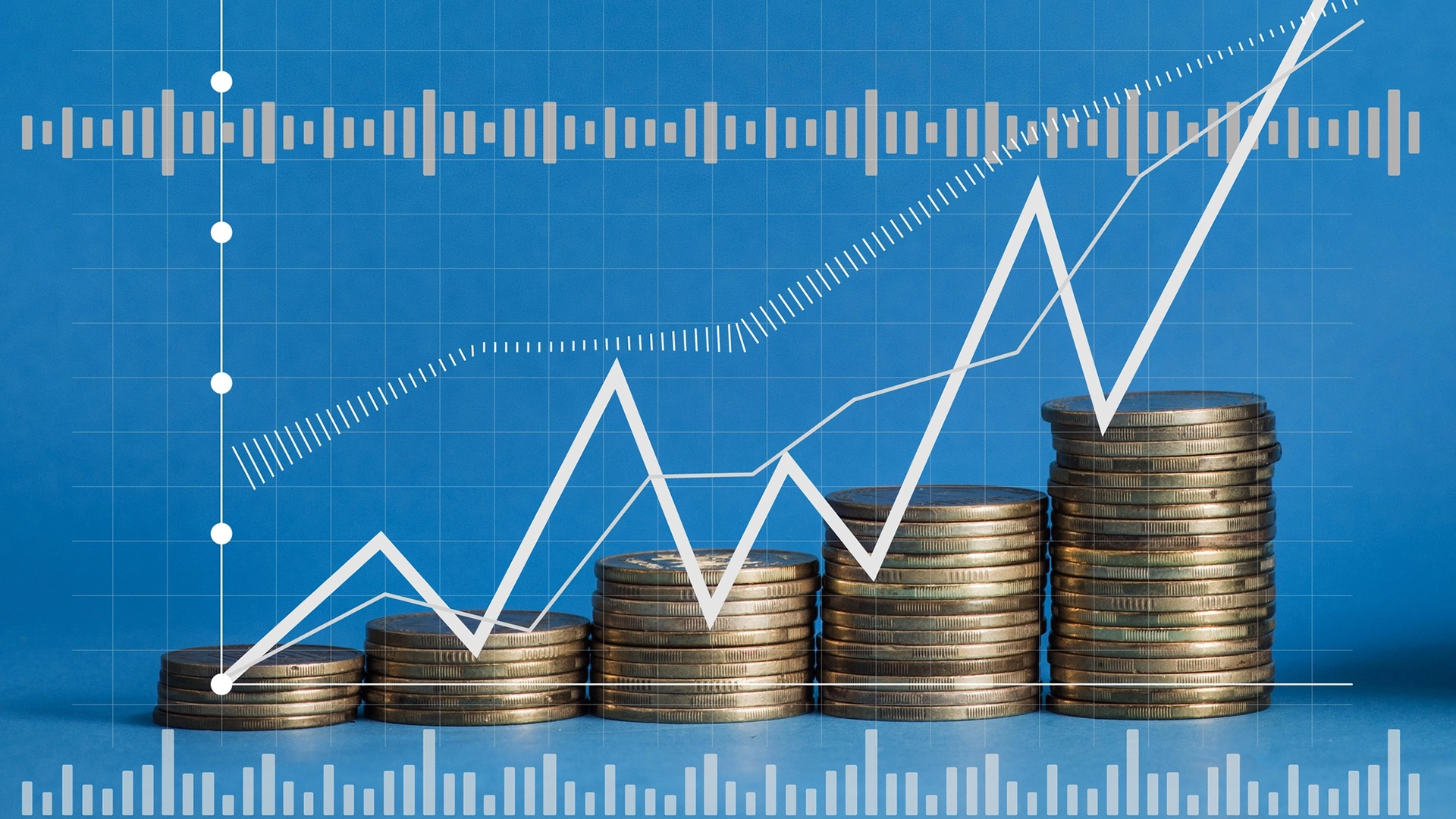 Rising Capital and Long-Term Financial Growth | Brimco Stacks of coins increasing in height with an upward trending white line graph and financial data overlay on a blue background