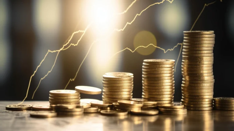 Stacks of gold coins increasing in height with an upward financial chart line in the background, symbolizing investment growth.