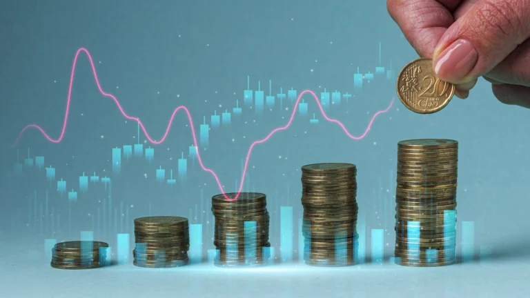 A hand placing a euro coin onto stacked coins of increasing height, with a fluctuating financial chart in the background.