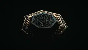 Abstract geometric object with a hexagonal lattice like surface illuminated against a dark background symbolizing thermodynamics and physics inspired artificial intelligence