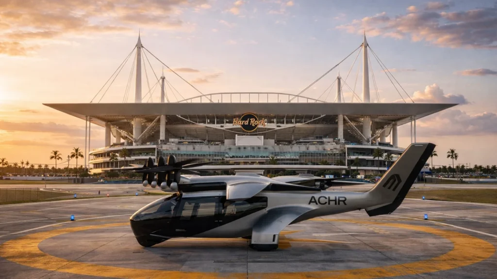 Archers eVTOL Takes Flight in Miami | Brimco Archer aviation evtol aircraft on a helipad in front of miamis hard rock stadium at sunset illustrating plans for a future urban air taxi network