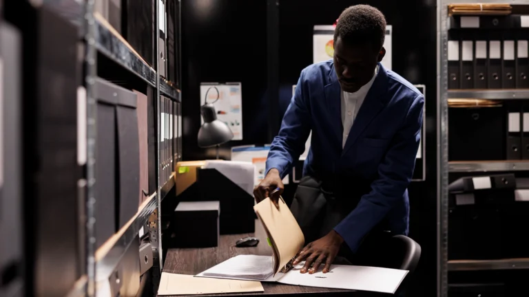A professional reviewing documents at a desk inside a records archive room lined with shelves of files and binders.