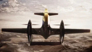 A futuristic hybrid evtol aircraft with twin tilt rotors sits on a desert landscape under a cloudy sky viewed head on with branding from edge anduril and archer visible