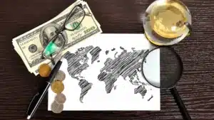 Foreign earned income exclusion concept with world map us dollar bills magnifying glass and financial documents on desk