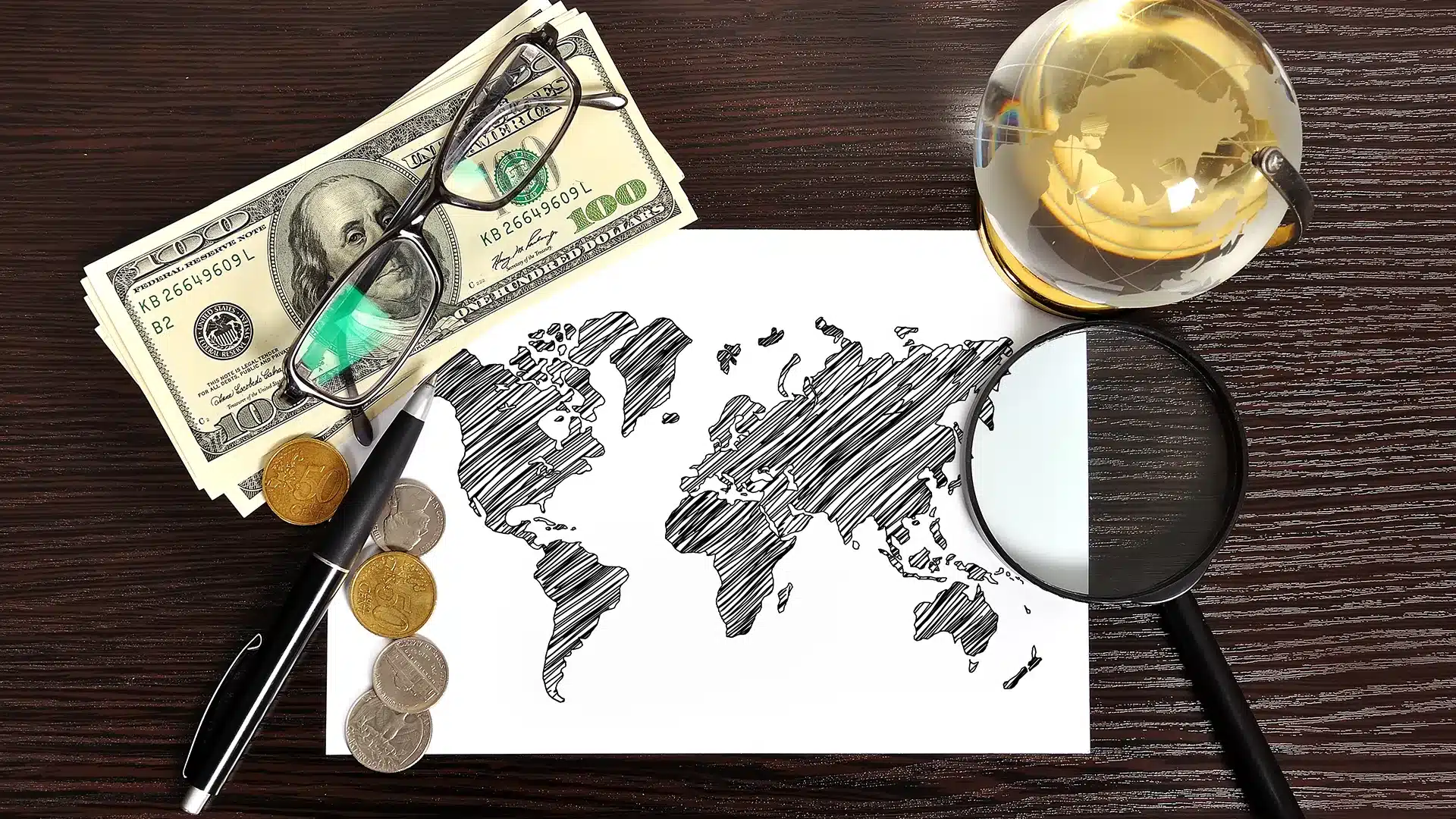 Foreign Earned Income Exclusion and Global Tax Planning | Brimco Foreign earned income exclusion concept with world map us dollar bills magnifying glass and financial documents on desk