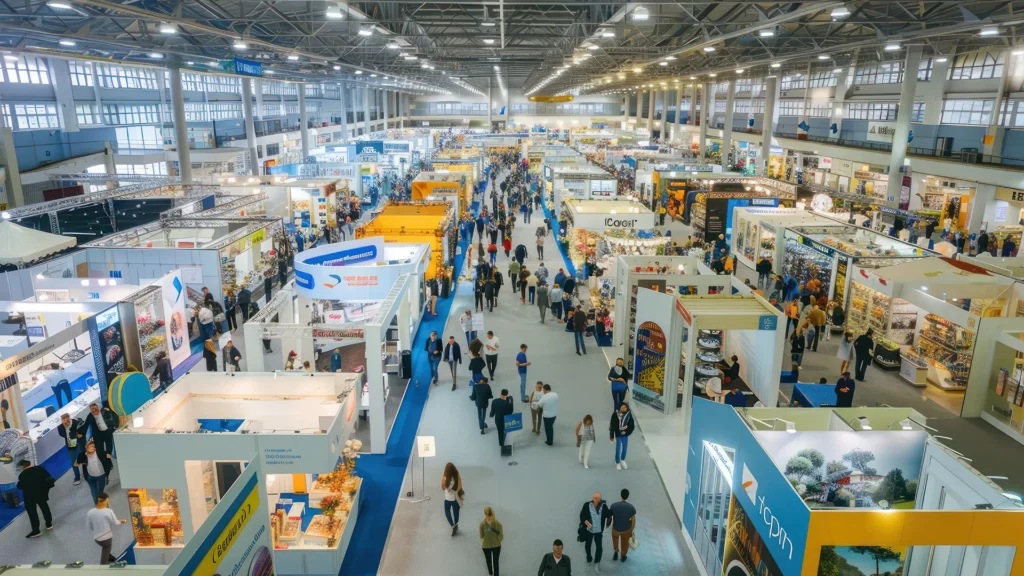 Busy trade show exhibition hall with corporate booths, business displays, and attendees networking at a convention center.