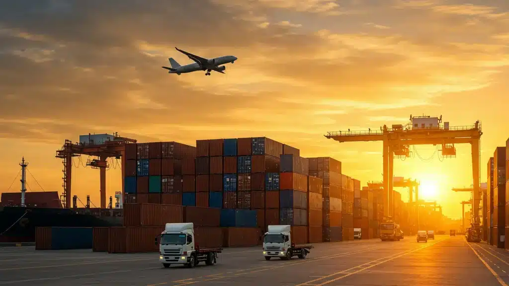 Freight forwarding services at container port with cargo trucks and airplane during sunset
