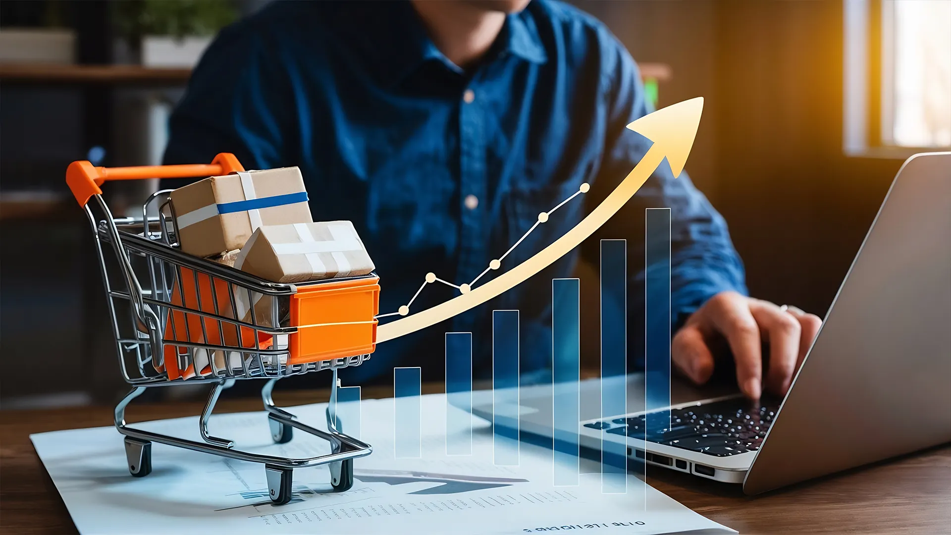 High-Growth eCommerce Business and Revenue Scaling Strategy | Brimco Online store owner analyzing ecommerce sales growth with shopping cart and upward revenue chart